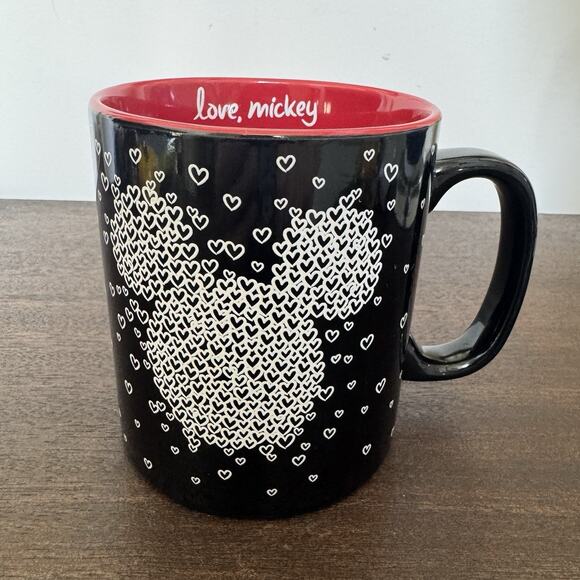 Disney Love Mickey Mouse Coffee Mug Black Tea Cup Valentine's Hearts Red Inside - Picture 9 of 11